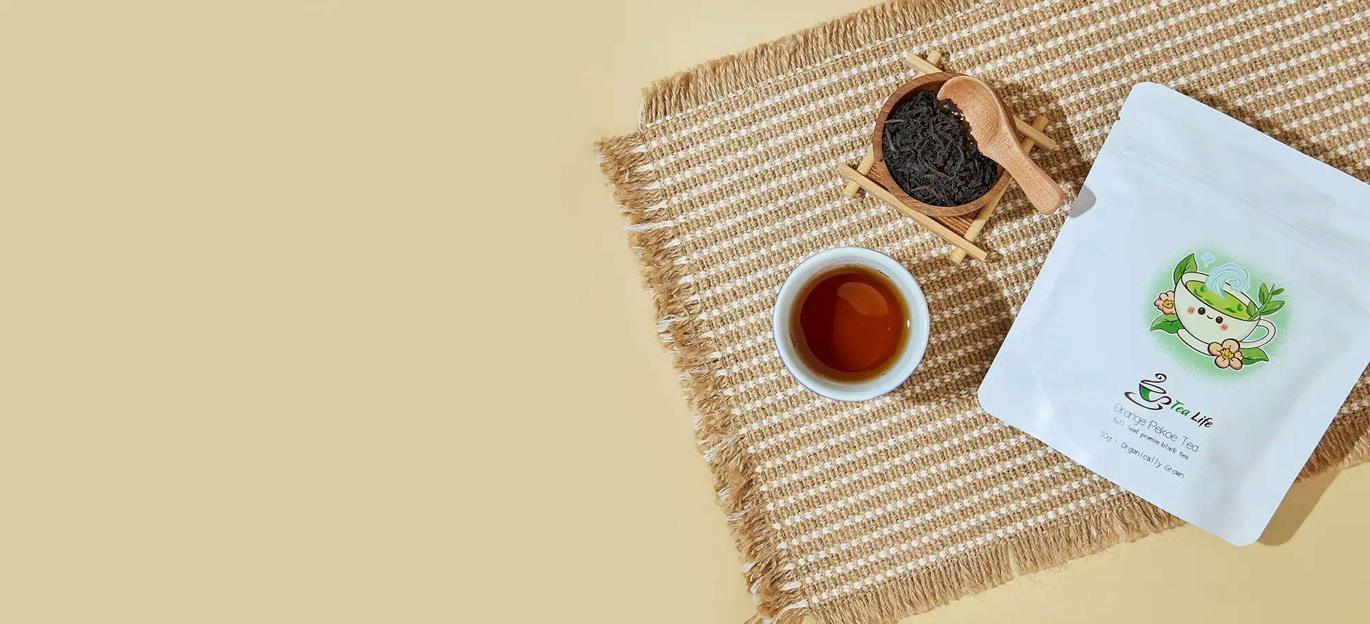 orange pekoe tea style shot on tablecloth